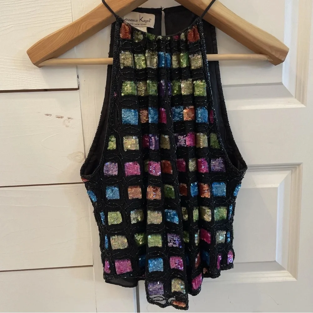 VTG Laurence Kazar Silk Multicolor Sequin Beaded Halter Top Medium 80's - Picture 3 of 15